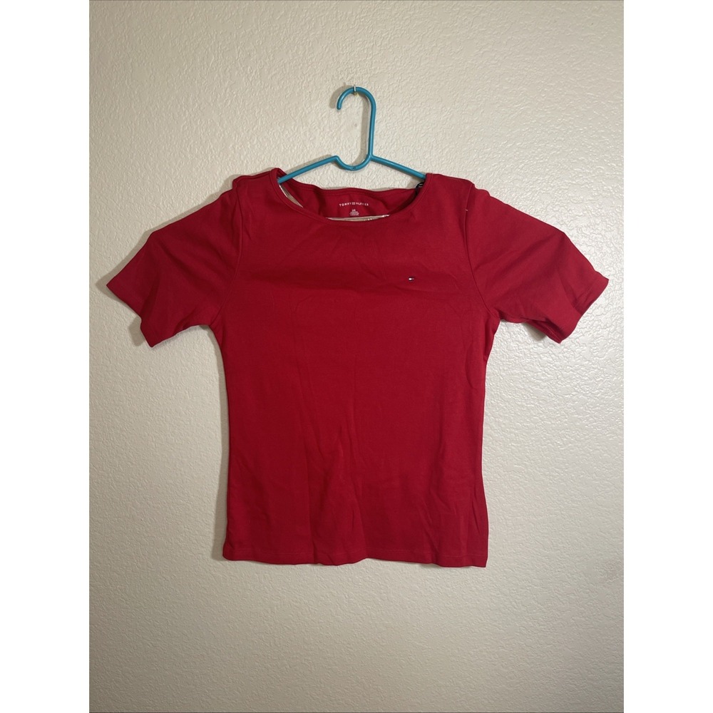 Tommy Hilfiger Womens Short Sleeve Crew Neck Shirt Flag Logo Size Large, L Red